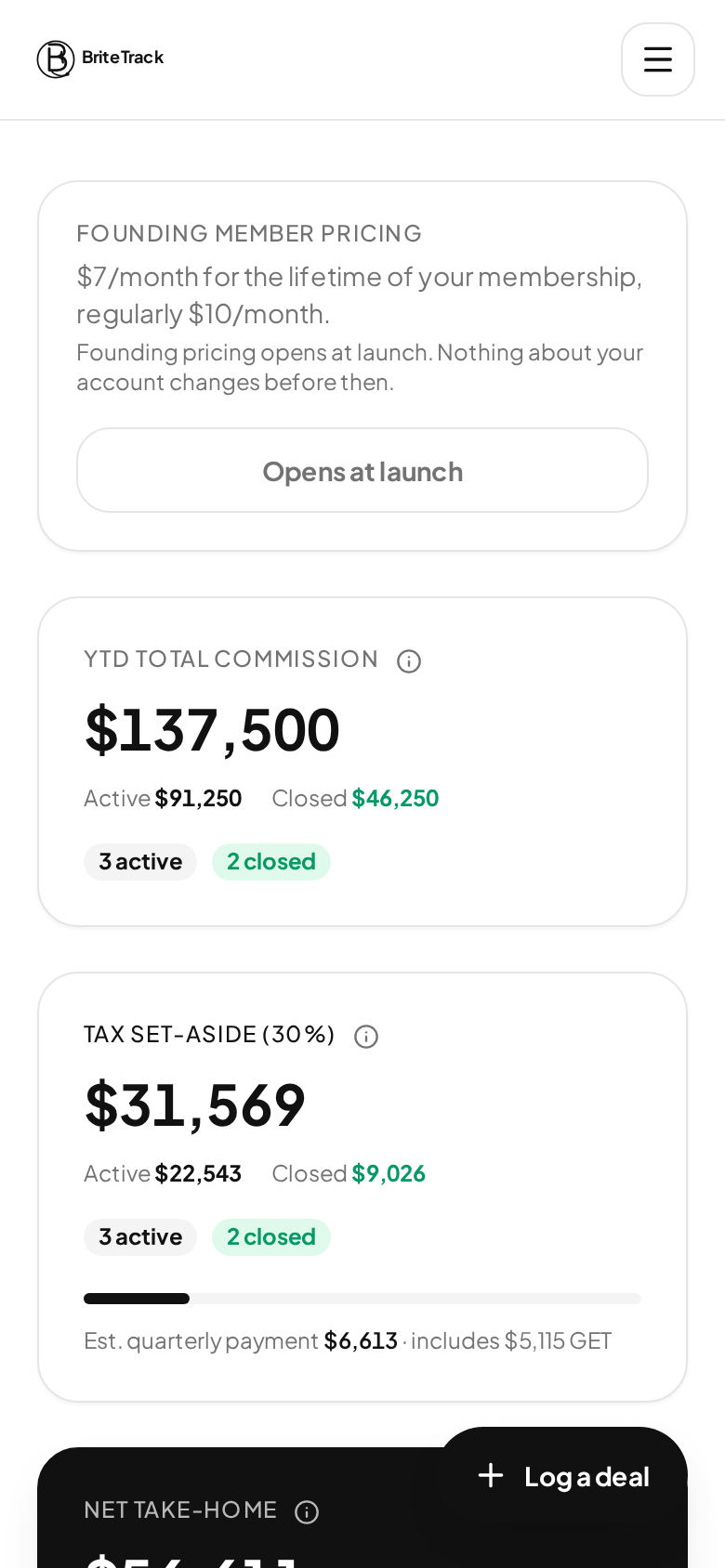 BriteTrack dashboard on a phone showing year-to-date commission, tax set-aside and net take-home
